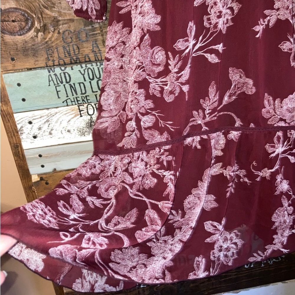 LC Lauren Conrad burgundy floral chiffon Dress M country boho cottagecore - Picture 6 of 12